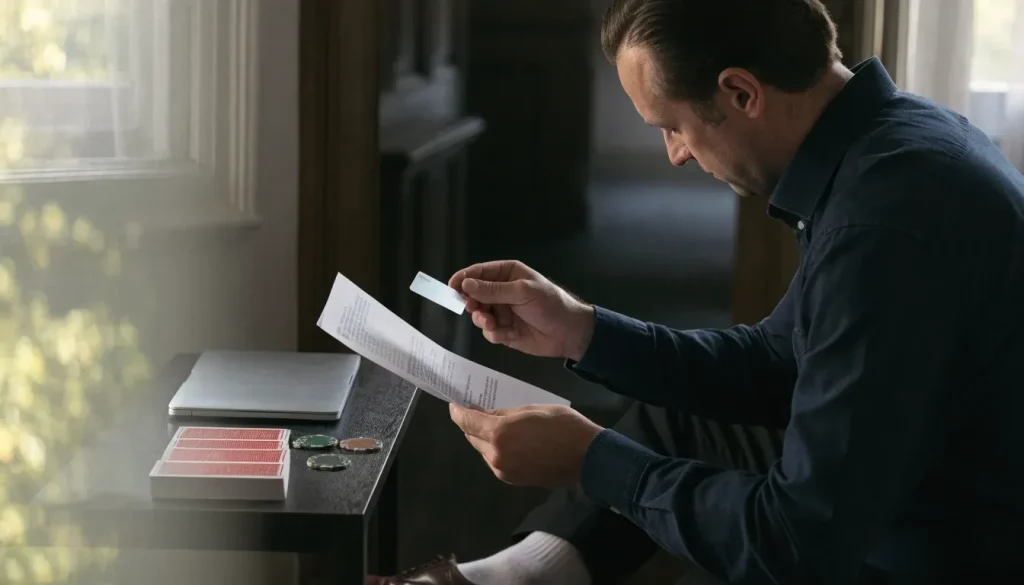 UK player reviewing casino terms beside a closed laptop and bank card