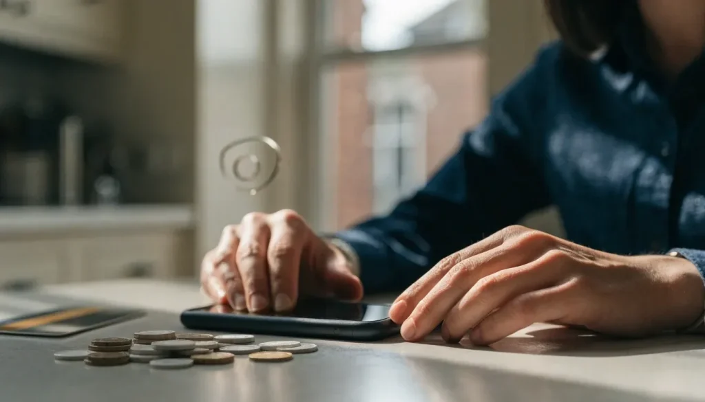 UK player using a phone beside subtle casino tokens