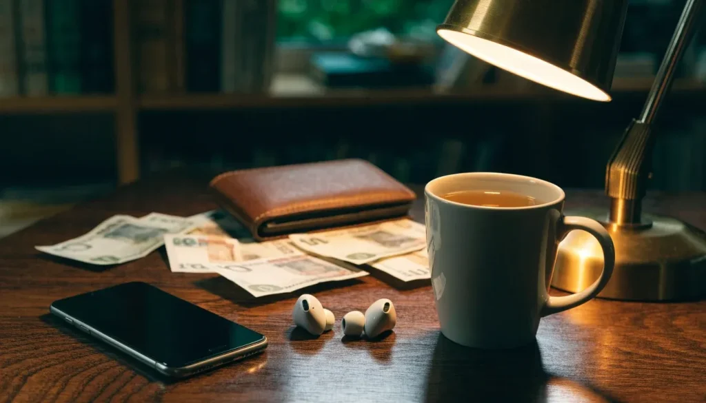 Smartphone face-down on a desk with wallet, British pounds, and tea mug