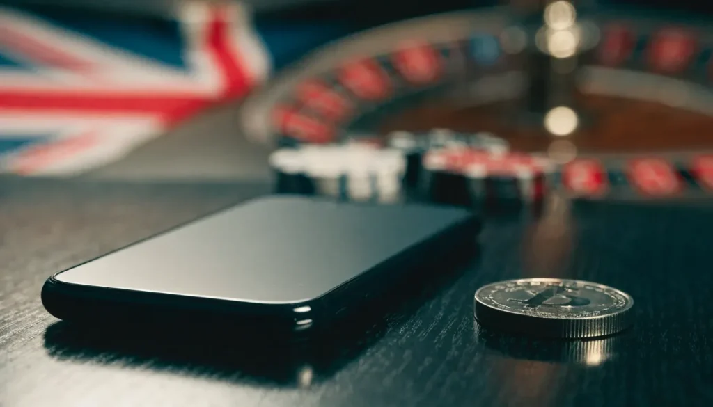 Smartphone, physical Litecoin coin and casino chips on a dark table