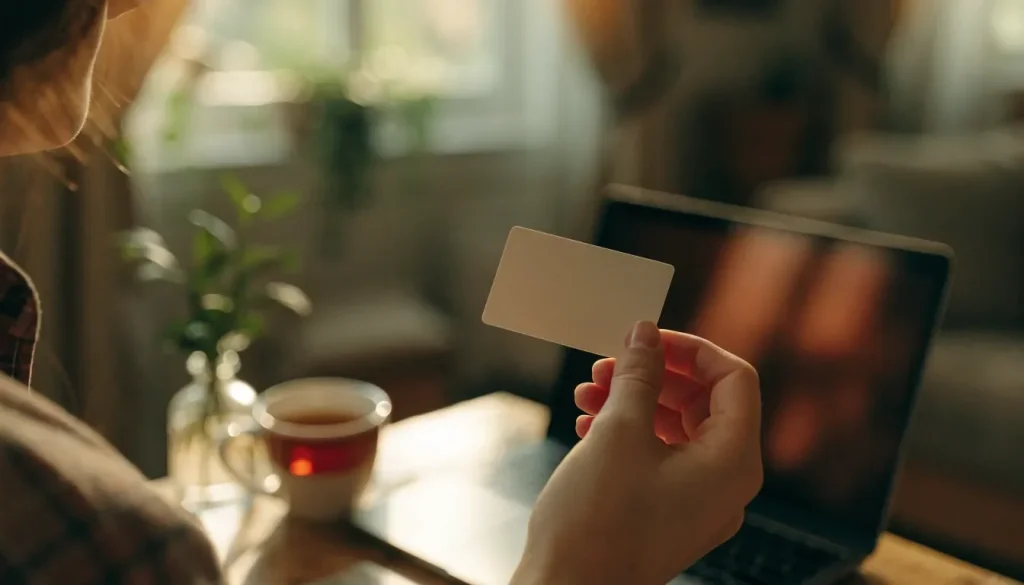 Person holding a debit card while checking a laptop at a home desk