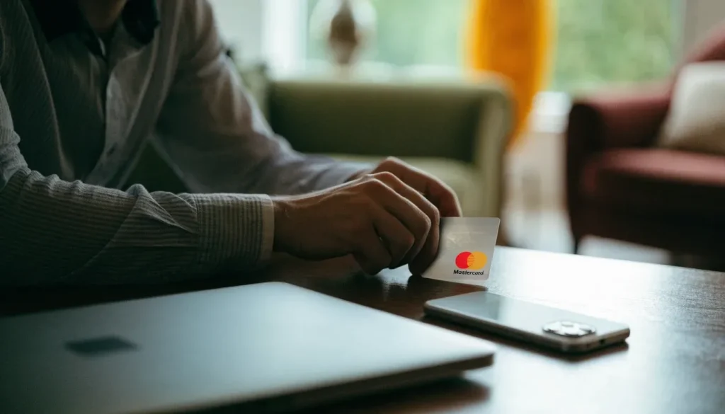 Hands placing a Mastercard credit card on a desk beside a closed laptop in a UK home setting.