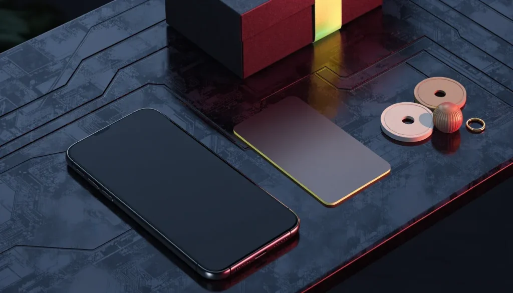 Phone, payment card, casino tokens, and bonus gift on a premium UK-themed desk