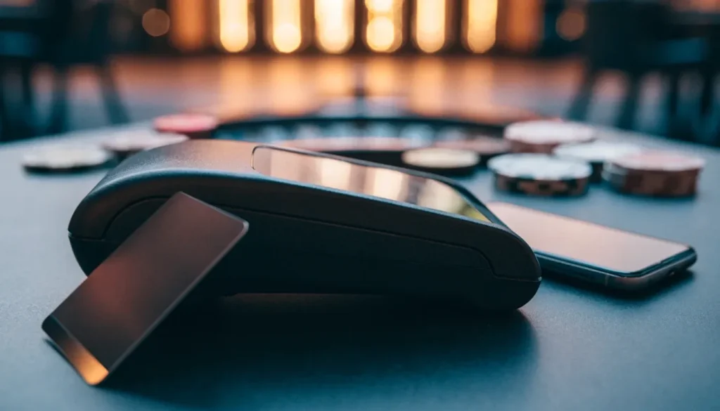 London casino payment desk with smartphone, unbranded card, chips and roulette wheel