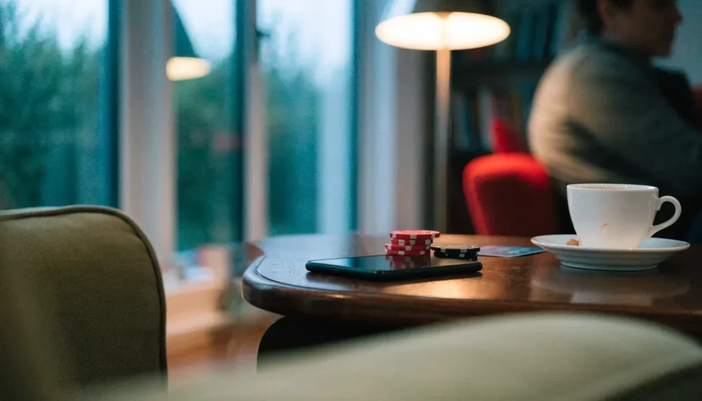 UK living room scene with smartphone, casino chips and prepaid voucher on a table