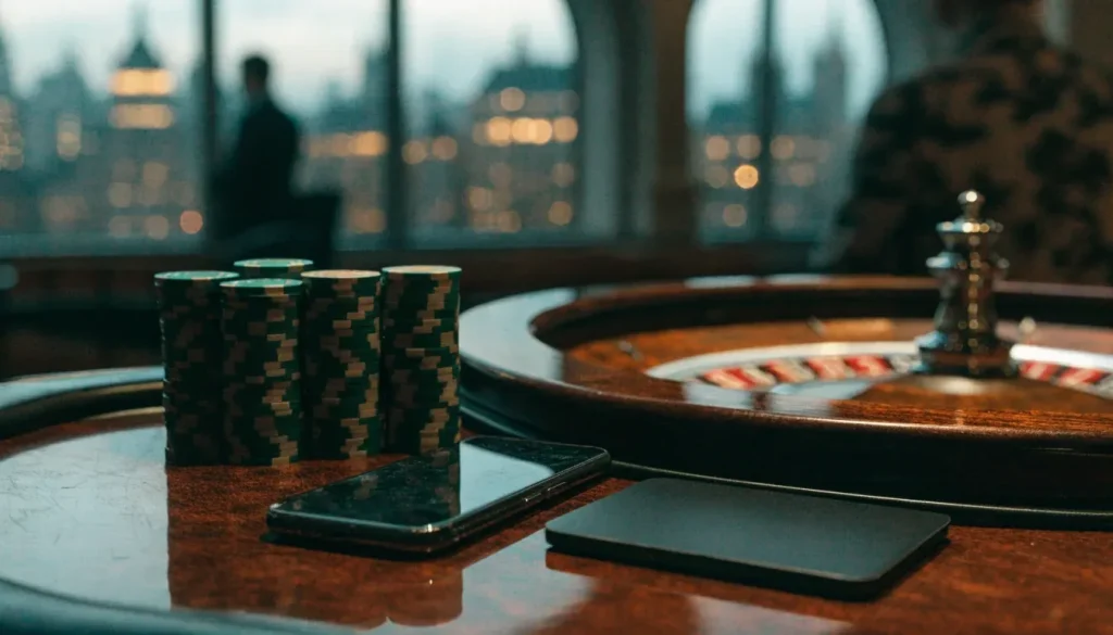 Casino table with roulette wheel, chips, smartphone and e-wallet card, London skyline at dusk