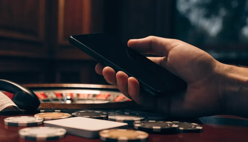 Mobile phone payment beside understated UK casino table accessories