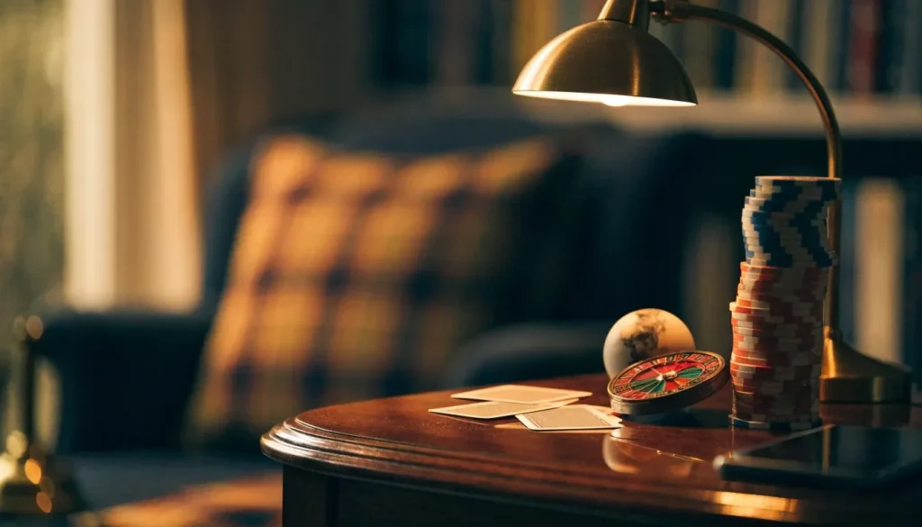 Casino chips, playing cards, and a face-down phone on a wooden table in a British living room.
