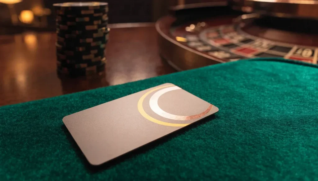 Contactless payment card on casino felt with chips and roulette