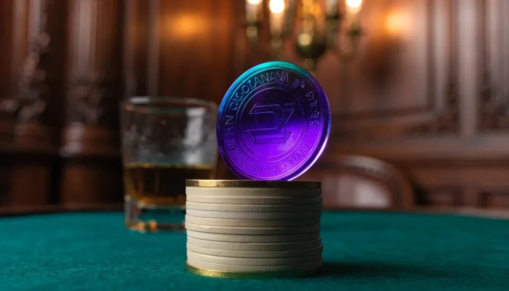 Glowing Solana coin beside casino chips on green felt in a British club interior.