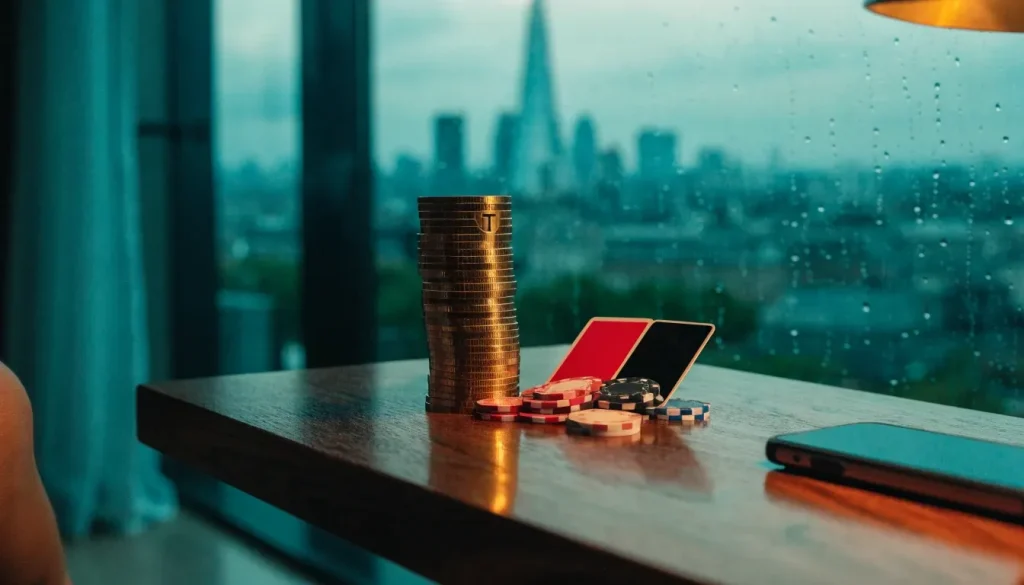 Gold Tether tokens, casino chips and cards on a desk with London skyline.