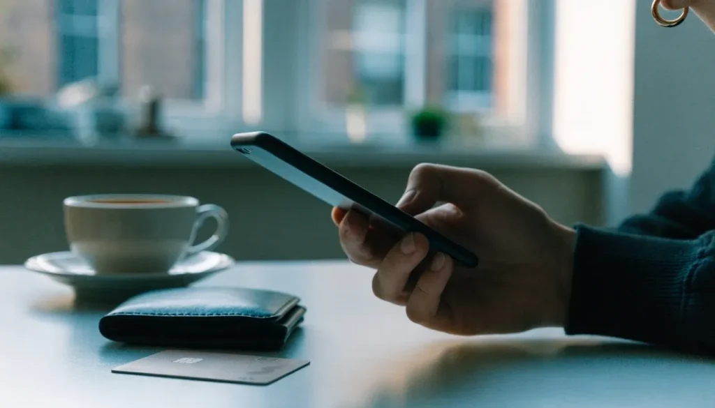 UK player securely making an online casino payment with smartphone and card