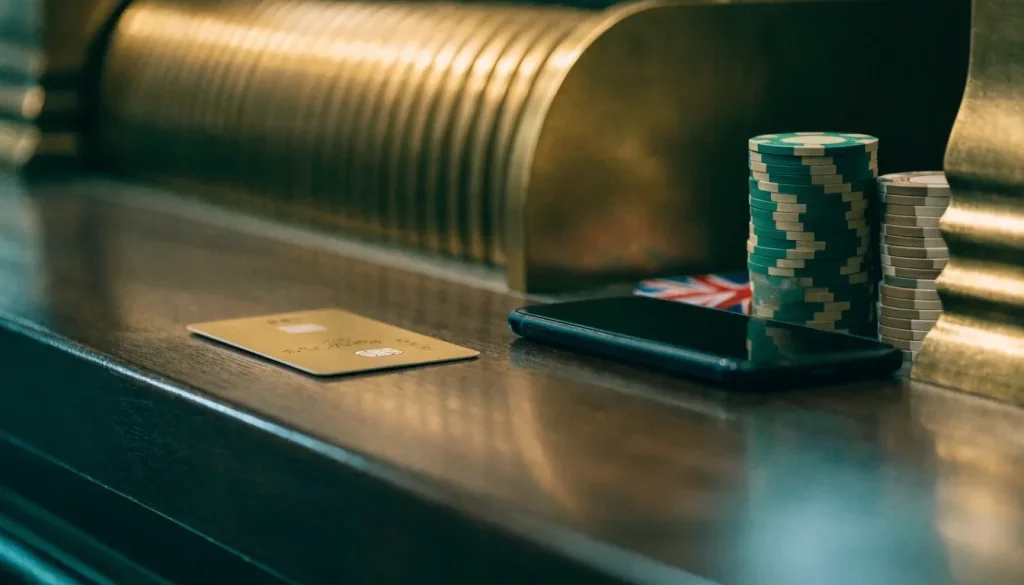 Blank payment card and face-down smartphone beside casino chips at a UK cashier counter