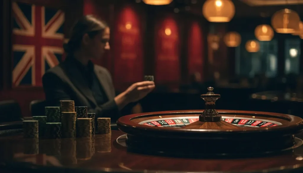 Stylish UK casino lounge with a roulette table, stacked chips and warm lighting.