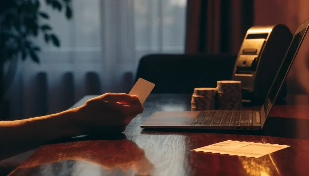 UK player, payment card, casino chips and bonus voucher on a table