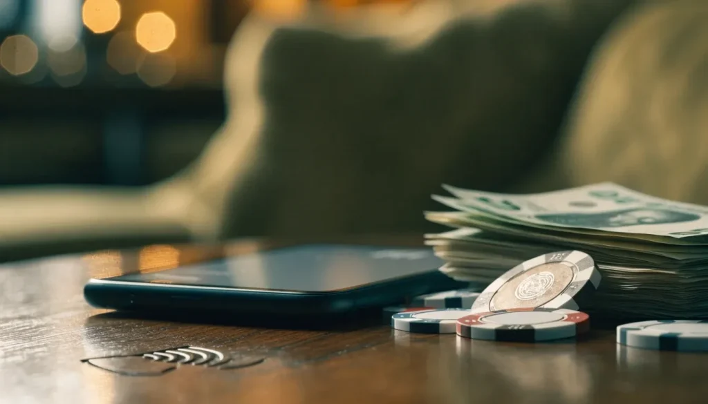 Smartphone with contactless payment near British pounds and casino chips on a table