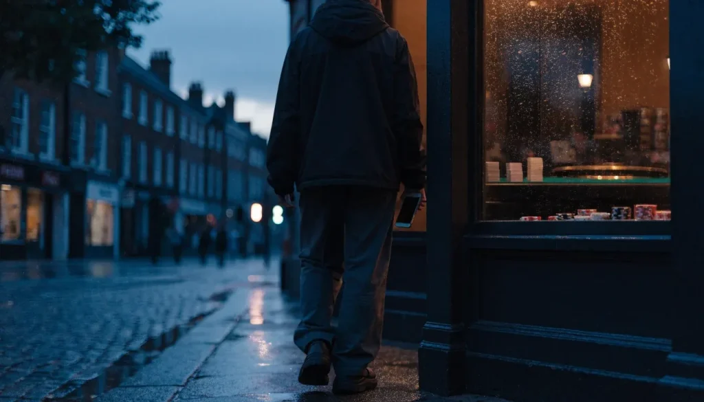 Anonymous adult near unmarked British casino, hidden phone screen, roulette table visible