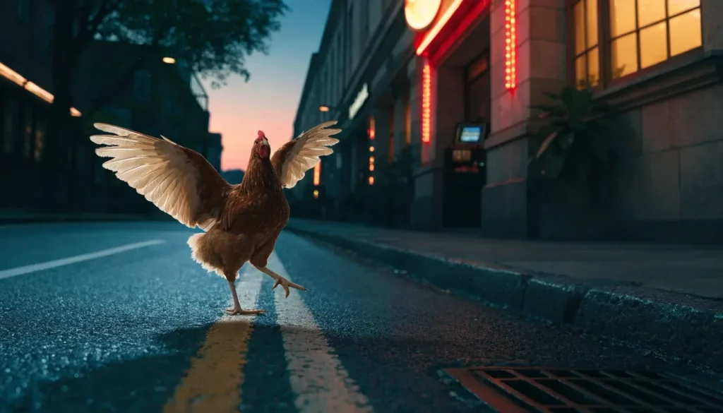 Playful chicken crossing a neon-lit British roadside casino scene at dusk.