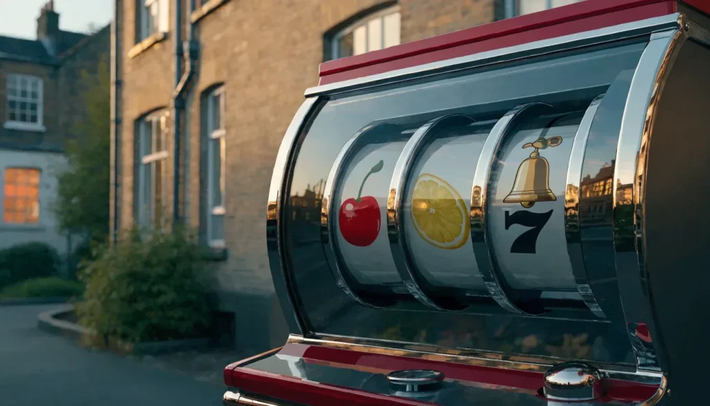 Vintage three-reel fruit machine with classic symbols in a modern UK arcade setting
