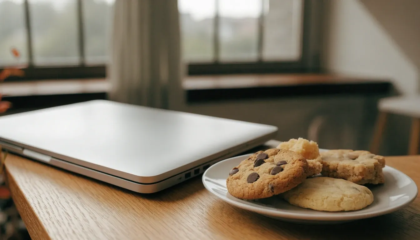 Assorted cookies beside a closed laptop on a warm oak desk
