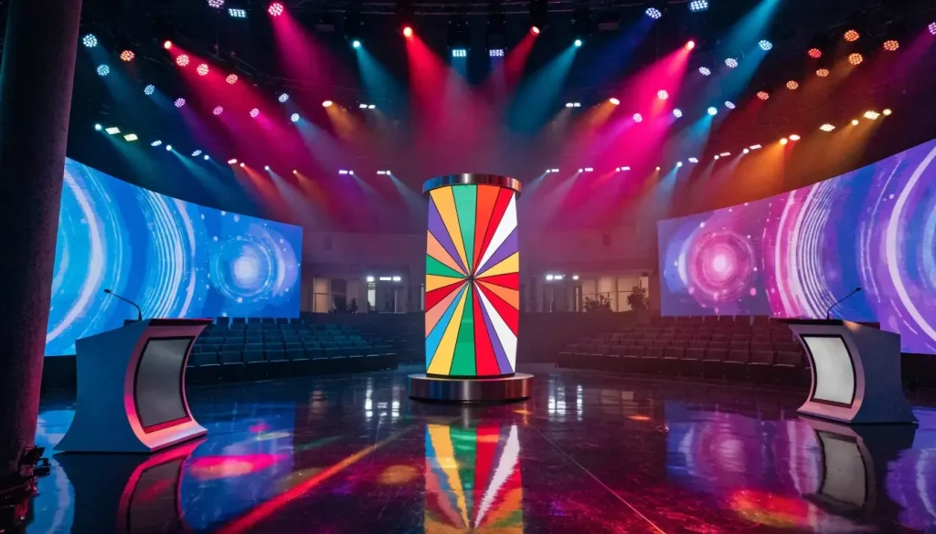 Colorful TV game show studio with a large illuminated prize wheel and stage lighting