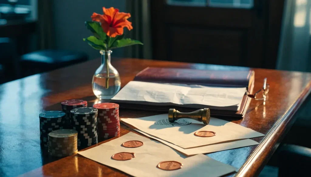 Casino chips and licensing documents on a mahogany desk under cinematic lighting