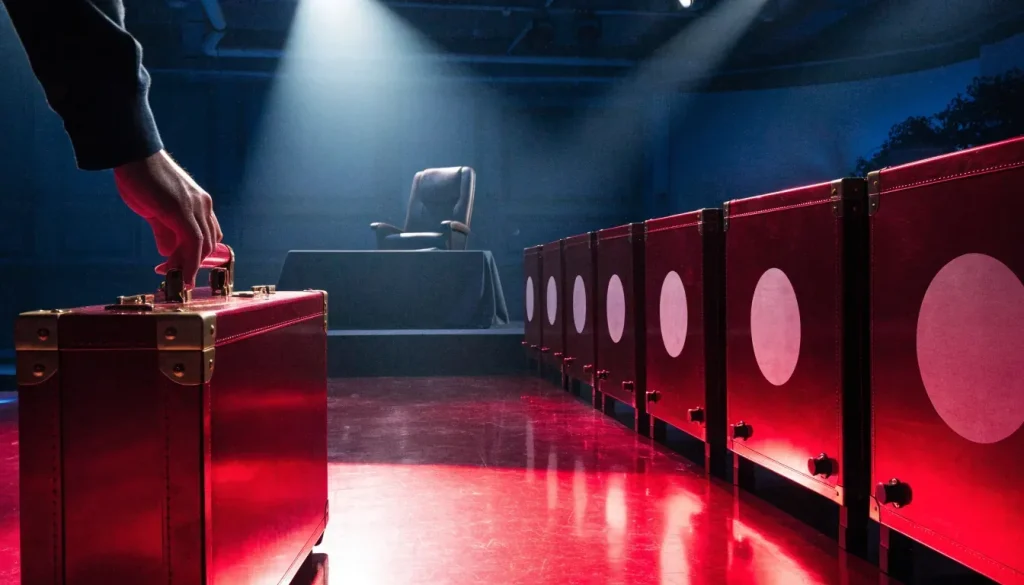 Closed briefcases under dramatic studio lights in a British game show setting