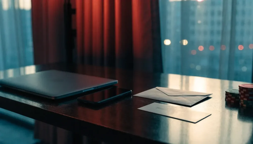 Closed devices and bonus voucher on a premium UK casino-themed desk