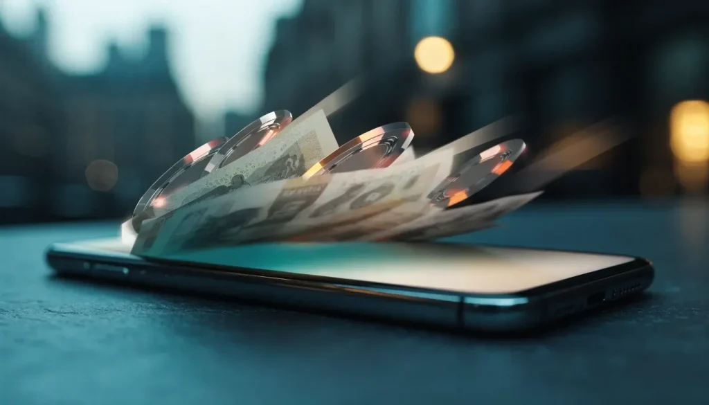 Smartphone with British pounds and casino chips suggesting a fast payout