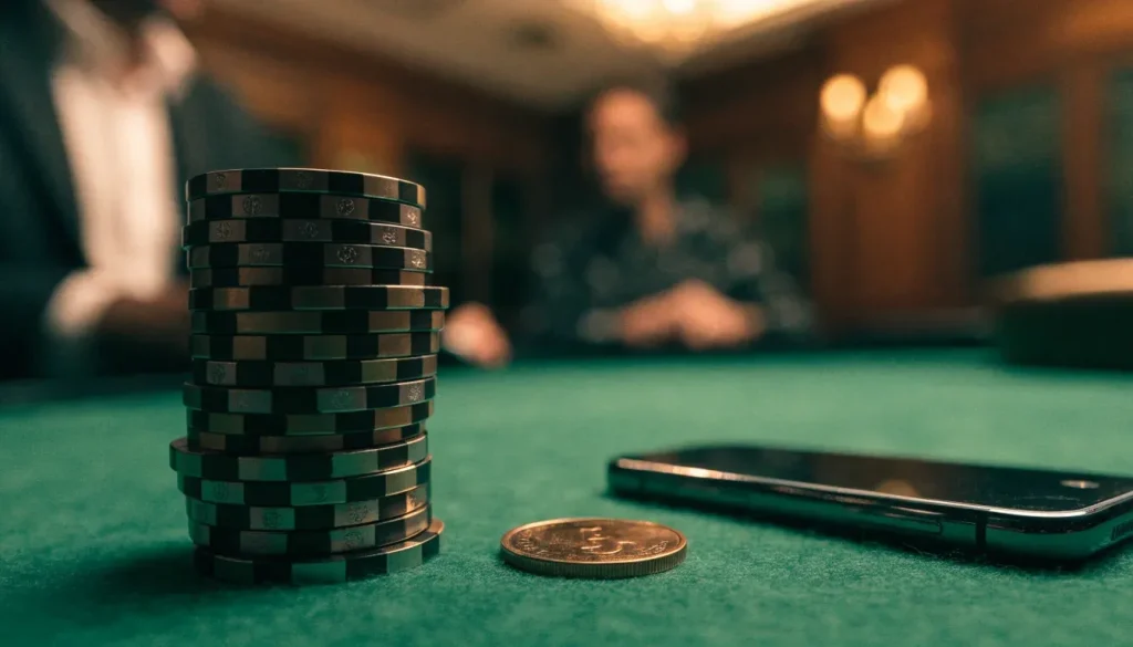 Casino chips, a British pound coin, and a face-down smartphone on a green felt table.