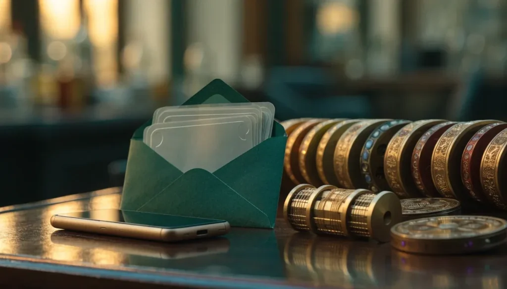 Casino tokens and daily spin vouchers beside a closed phone