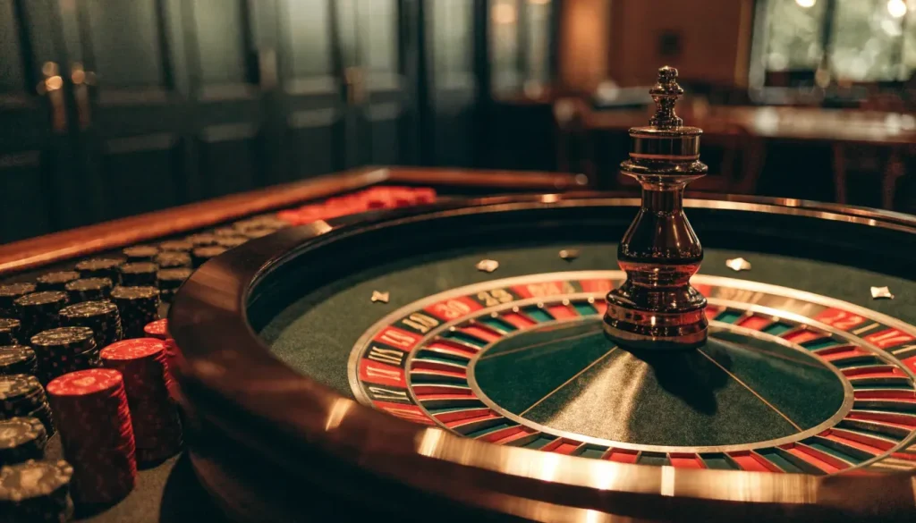 French roulette wheel with chips in a refined UK casino setting