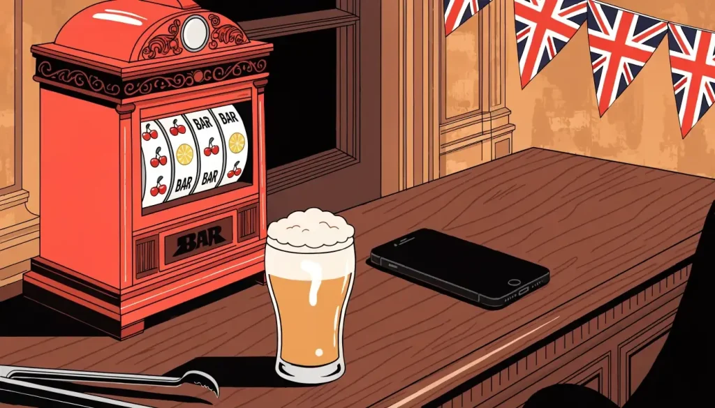 British pub scene with a vintage fruit machine and a smartphone side by side.