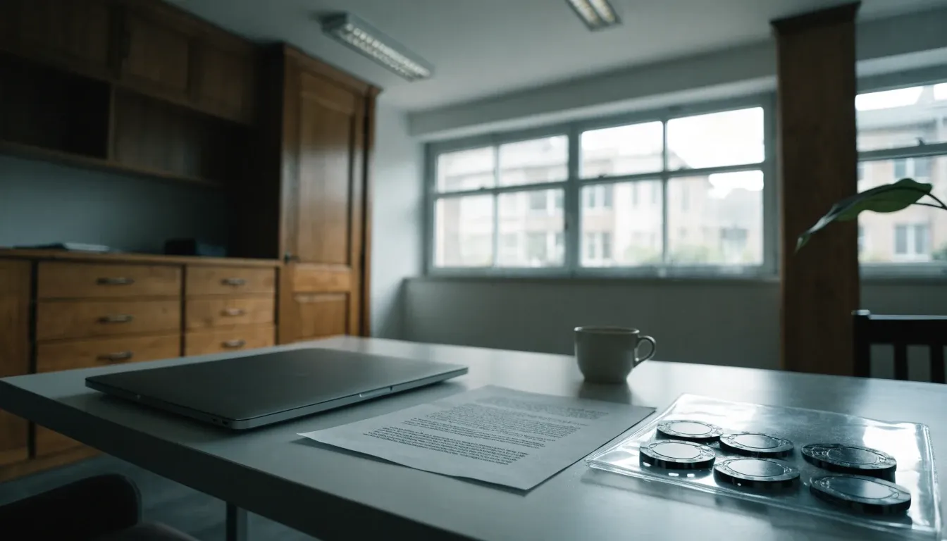 Closed laptop and disclaimer folder in a restrained British office setting