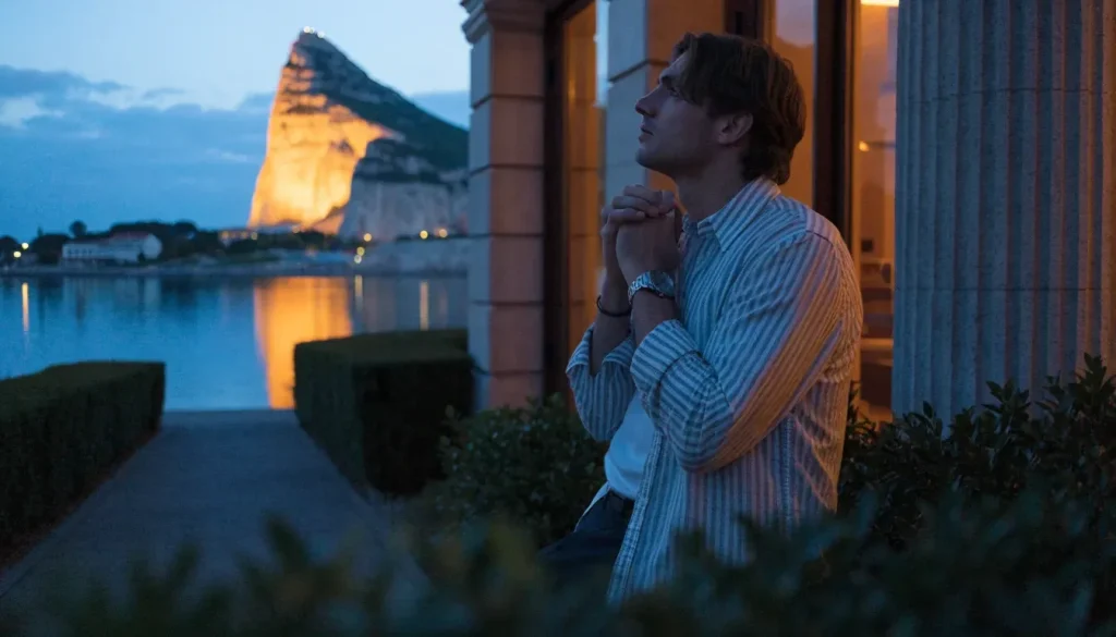 Thoughtful gambler outside a Gibraltar casino with the Rock at dusk