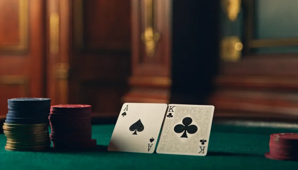 Ace and King playing cards on green felt with casino chips in an upscale UK casino setting.