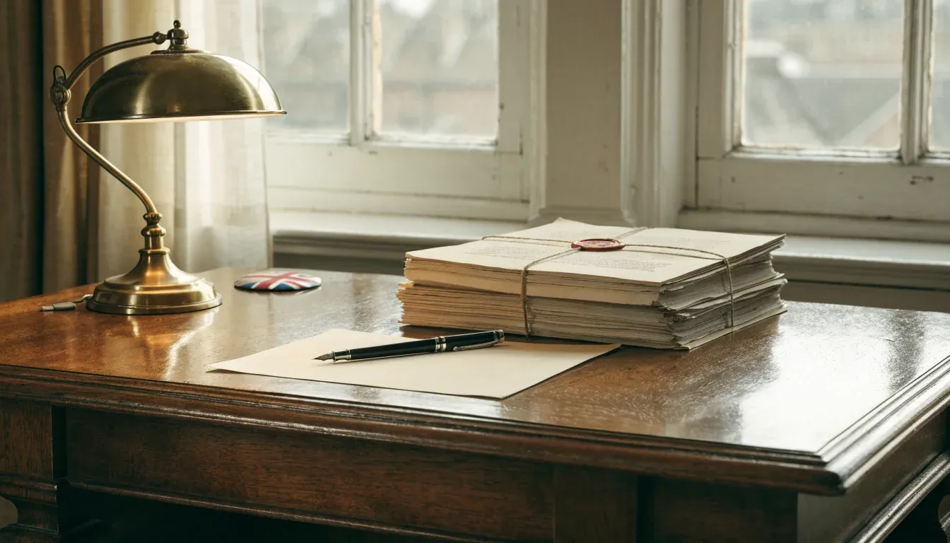 Mahogany desk with legal documents and a Union Jack pin in a traditional London office