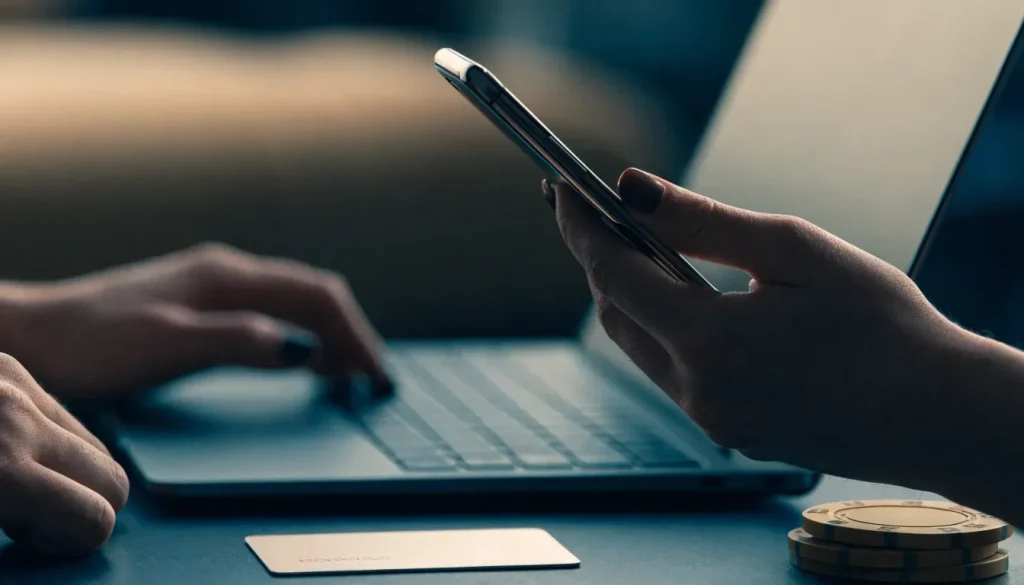 Secure casino deposit scene with phone, laptop, bank card, and chips