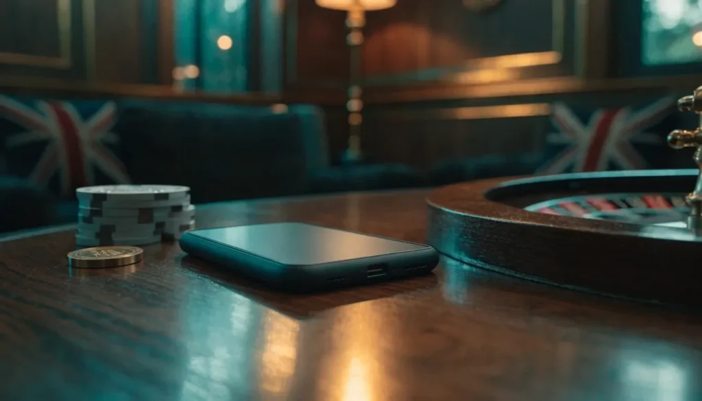 Face-down smartphone in a premium British casino lounge