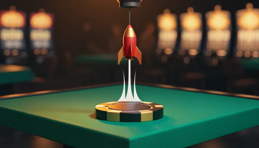 Stylized rocket launching from a casino chip on a green felt table