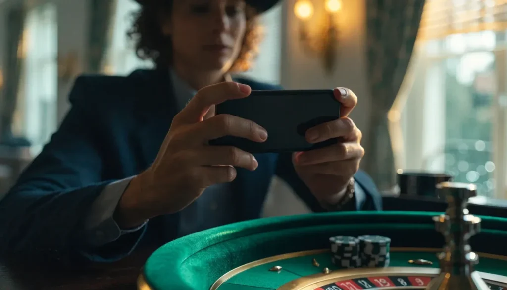 UK player with smartphone beside elegant physical casino accessories