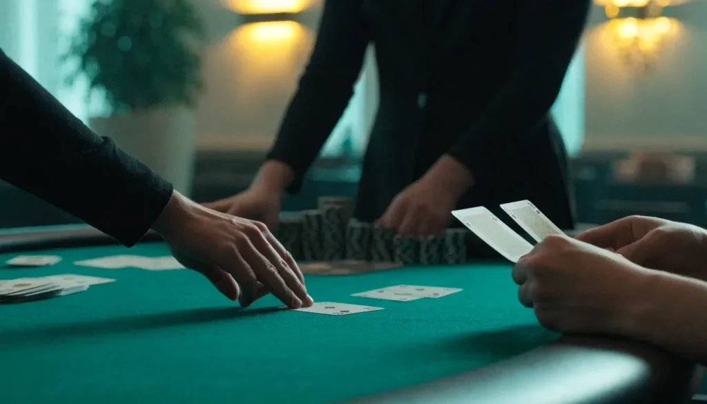 Live dealer prepares a blackjack hand at an elegant UK casino table