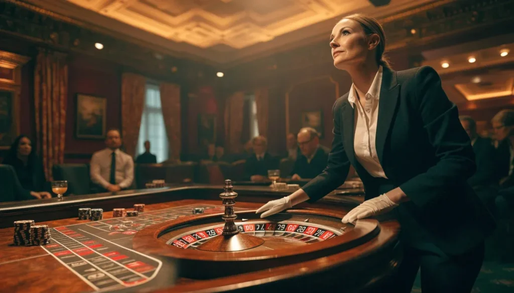 English-speaking dealer spinning a roulette wheel in a stylish UK casino studio