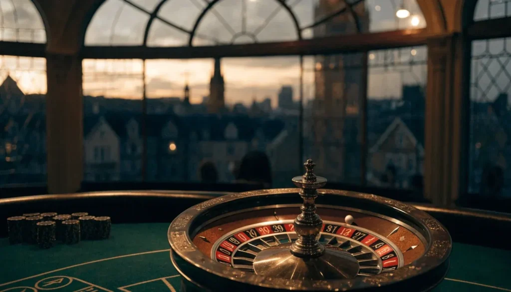 Elegant British casino lounge with roulette wheel, chips, and London skyline at dusk