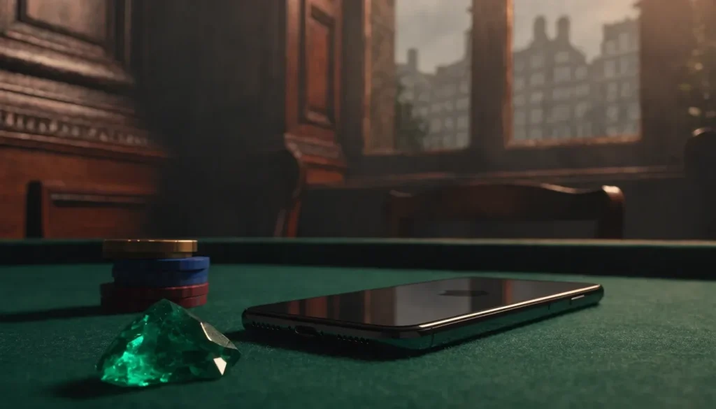 Face-down smartphone on green felt with casino chips and emerald in a British gaming room