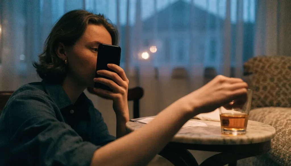 Person using a smartphone at home to make a mobile payment, screen turned away