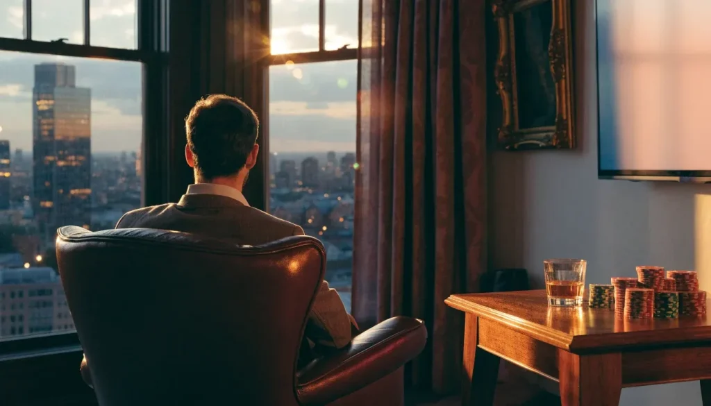 Man in a London apartment enjoying a live casino game at home with whisky and chips