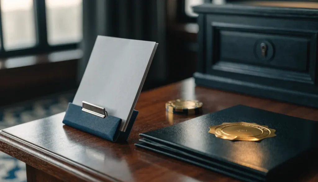 Licence document, casino chip, and secure box on a desk