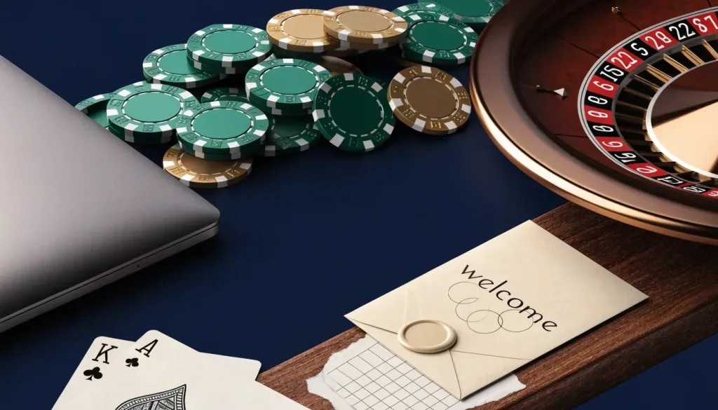 Premium casino chips, cards, voucher, and closed laptop representing new UK no-deposit offers