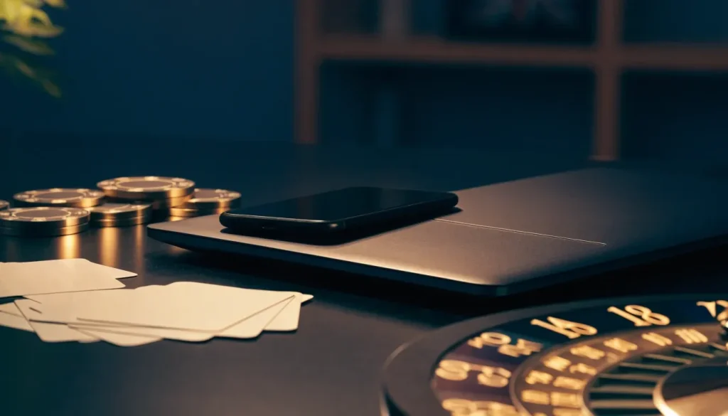 Modern UK online casino setup with laptop, phone, chips, cards and roulette wheel